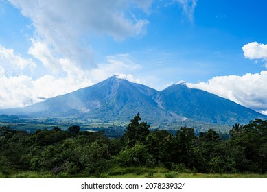 The Volcan De Fuego And Acatenango Volcanoes In Guatemala. The Fire Volcano Is Partially Destroyed Because Of The 2018 Eruption That Caused Heavy Lahars Which Killed Hundreds Of People.