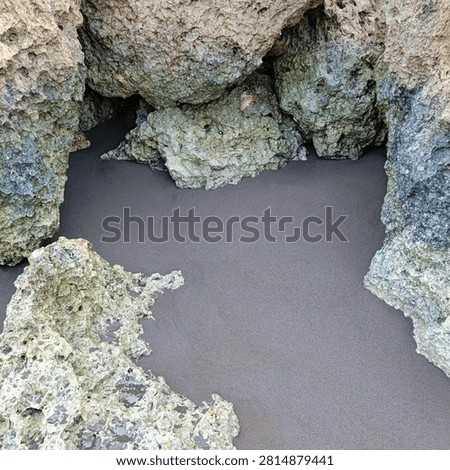 Volcanic Basalt Boulder Resting Among Weathered Coral Limestone on a Beach in Yogyakarta Indonesia

A close-up coastal landscape captures a dark volcanic basalt boulder resting naturally among weathered coral limestone along the shoreline of Yogyakarta, Indonesia, photographed on 26 June 2026. The striking contrast between smooth volcanic rock and highly porous uplifted limestone illustrates the remarkable geological diversity found on the southern coast of Java, making the image suitable for geology publications, environmental education, editorial features, travel campaigns, scientific references, and commercial design.

The composition highlights the coexistence of two distinct geological materials shaped by entirely different natural processes. The dense basalt, formed through volcanic activity, stands beside ancient coral limestone sculpted over centuries by waves, salt spray, and coastal weathering. Windblown sand settles naturally within cavities and crevices, emphasizing the continuous interaction between marine erosion and landscapes that characterizes Indonesia's dynamic coastline.

The low-angle perspective strengthens the foreground textures while maintaining a soft environmental context of the beach beyond. Rich mineral detail, contrasting stone surfaces, and balanced natural lighting create an image that is highly adaptable for educational presentations, earth science publications, conservation campaigns, tourism promotion, editorial layouts, website banners, commercial branding, background graphics, and creative projects inspired by coastal geology and natural landscapes.