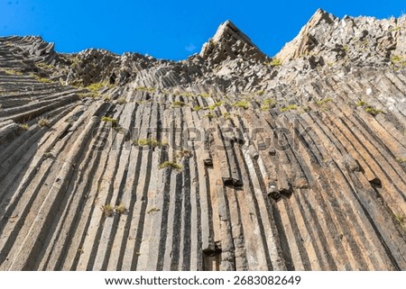 Volcanic basalt hexagonal columns  in Pico de Ana Ferreira on Porto Santo Island, Madeira, Portugal
