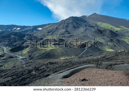 Volcanic cinder cones and craters on Mount Etna overlook Catania and Sicily's hazy coastline