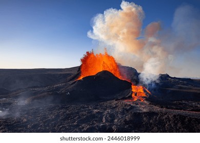 A volcanic eruption creating a massive cloud of smoke in the sky, spewing lava and ash into the atmosphere. This event can cause significant changes to the landscape. Iceland
