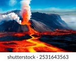 Volcanic Eruption and lava flow in a primeval landscape.