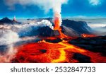 Volcanic Eruption and lava flow in a primeval landscape.