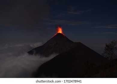 Volcanic Eruption Over The Clouds At The Acatenango Sisters Volcano, Volcan Del Fuego Explosion