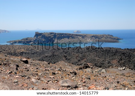 Volcanic islands Nea Kameni, Palea Kameni and Aspronisi in Greece