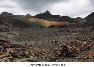 Volcanic landscape around Volcano Sierra Negra, of Isabela island, Galapagos Islands, Ecuador. The second largest crater in the world