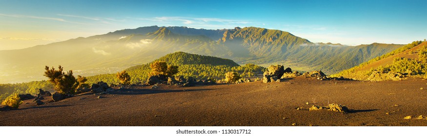 Volcanic landscape in the Island of La Palma with a crater Caldera de Taburiente on backgroud, Canary Islands, Spain