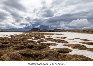 Volcanic landscape of Leirhnjukur, Myvatn Geothermal Area in Iceland, with hills and lava fields covered with moss, grass and snow. - Powered by Shutterstock