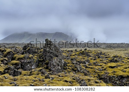 Volcanic landscape on the Reykjanes Peninsula in Iceland near the Blue Lagoon viewed from the road to Grindavik.