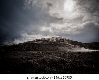 Volcanic landscape under a dramatic sky in Iceland