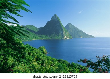 Volcanic peaks of the pitons, soufriere bay, st. lucia, caribbean, west indies, central america