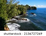 Volcanic rock beach in Onomea Bay, Big Island of Hawaii, United 