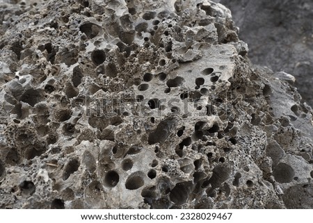 Volcanic stones. Spongy cellular loose airy porous stone material. Close-up rock near Meljine, Herceg Novi, Montenegro. Holes in solidified lava. Gray black rock of the Adriatic Mediterranean region.