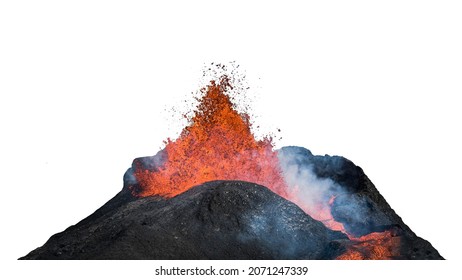 Volcano crater during lava eruption isolated on white background