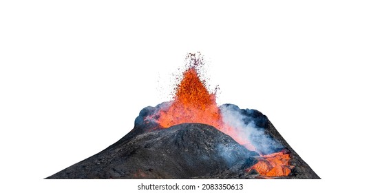Volcano crater during lava eruption isolated on white background - Shutterstock ID 2083350613