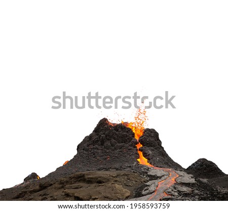Volcano crater during lava eruption isolated on white background