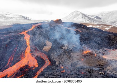 Volcano Eruption Aerial View, Mount Fagradalsfjall, Iceland
Hot Lava And Magma Coming Out Of The Crater, April 2021 
