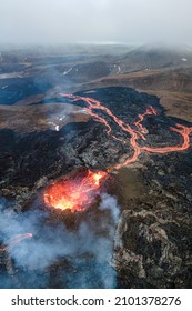 Volcano Eruption Aerial View, Mount Fagradalsfjall, Iceland
Hot Lava And Magma Coming Out Of The Crater, April 2021 
