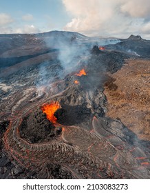 Volcano Eruption Aerial View, Mount Fagradalsfjall, Iceland
Hot Lava And Magma Coming Out Of The Crater, April 2021 
