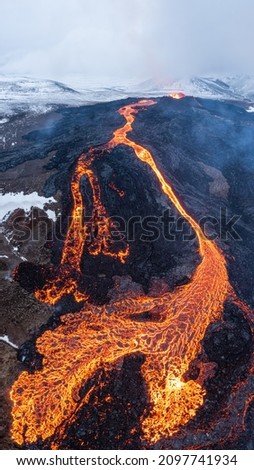 volcano eruption aerial view, Mount Fagradalsfjall, Iceland
Hot lava and magma coming out of the crater, April 2021 
