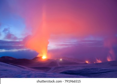 Volcano eruption in Eyjafjallajokull in Iceland during twilight