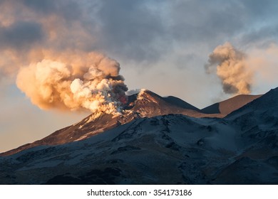 Volcano Eruption. Mount Etna Erupting From The Crater Voragine
