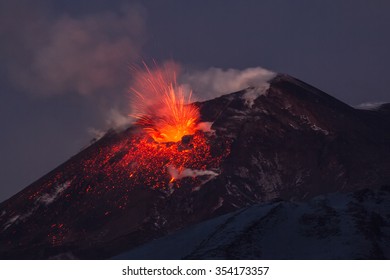 Volcano Eruption. Mount Etna Erupting From The Crater Voragine
