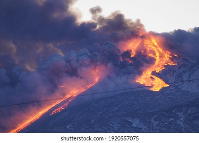 Volcano Etna Mountain In Sicily Exploding And Erupting Lava And Magma During The Biggest Eruptions Of These Year, As Seen From My House.