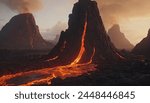 A volcano landscape is a dramatic and awe-inspiring sight characterized by towering peaks of molten rock, billowing plumes of ash and smoke, and rivers of lava flowing down the mountainside.