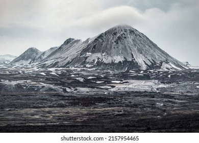 Volcano Mountain Krafla In Iceland. Lava Field In Winter