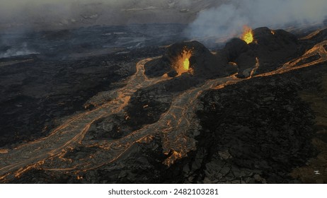 a volcano with a river flowing through it