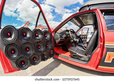 VOLGOGRAD - APRIL 21: Car with installed powerful subwoofer, amplifier and audio speakers to participate in car audio competitions. April 21, 2018 in Volgograd, Russia.