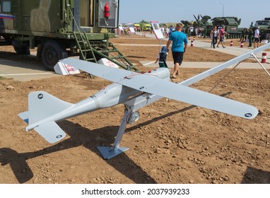 Volgograd Region, Srednyaya Akhtuba, Russia, August 27, 2021. Military Light Reconnaissance Unmanned Aerial Vehicle Orlan-10 At The Exhibition 