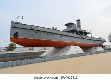Volgograd, Russia - April 10, 2021: Rescue steamer "Extinguisher". Memorial to Volga river crew and firemen of the Volga basin. The boat "Slader" is a veteran of two wars: civil and Great Patriotic.