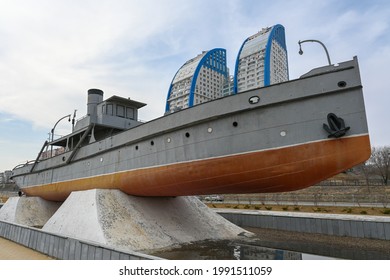 Volgograd, Russia - May 30, 2021: Rescue steamer "Extinguisher". Memorial to Volga river crew and firemen of the Volga basin. The boat "Slader" is a veteran of two wars: civil and Great Patriotic.