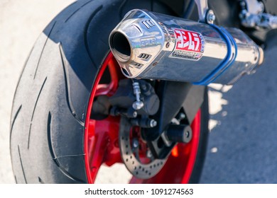 VOLGOGRAD, RUSSIA - May 5,2018: Back wheel and engine of the motorcycle close up 