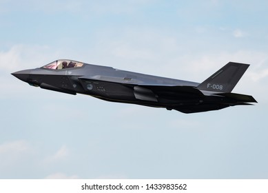 VOLKEL, THE NETHERLAND - June 14th, 2019: A Lockheed F-35A Lightning II fifth generation fighter jet of the Royal Netherlands Air Force at the Luchtmachtdagen 2019 at the Volkel Air Base. 