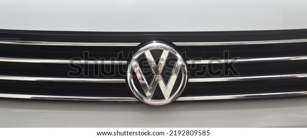 Volkswagen chrome\
metal logo, luxury car in Istanbul city, June 27 2022 Istanbul\
Pendik Turkey used car\
market