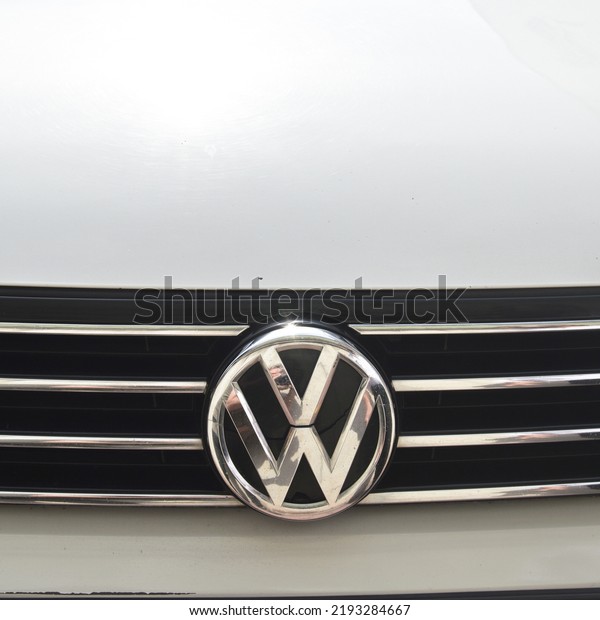 Volkswagen chrome\
metal logo, luxury car in Istanbul city, June 27 2022 Istanbul\
Pendik Turkey used car\
market