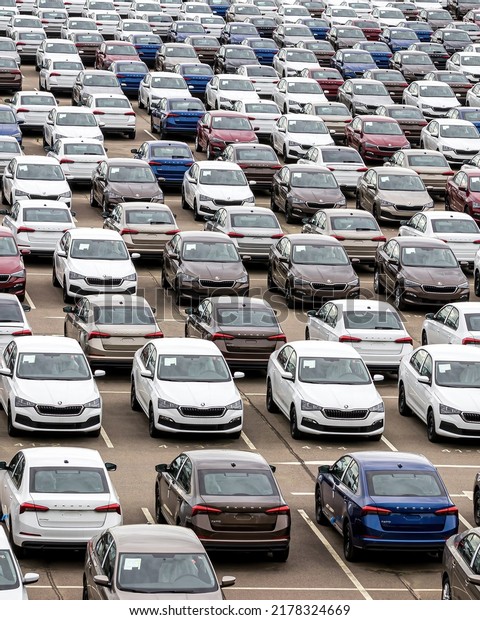 Volkswagen Group Rus, Russia, Kaluga - MAY 25,
2020: Rows of a new cars parked in a distribution center on a car
factory parking.