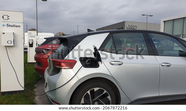 Volkswagen ID3 Electric\
car VW showroom exterior interior emblem logo charging in Orebro\
Sweden on 20.10.2021