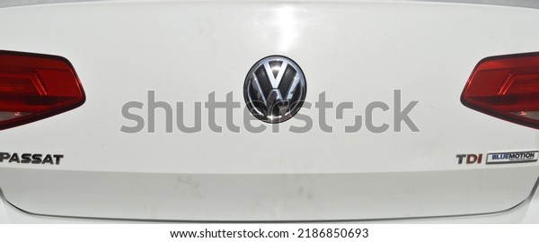 Volkswagen Passat chrome metal logo, back view\
luxury car in Istanbul city, June 27 2022 Istanbul Pendik Turkey\
used car market