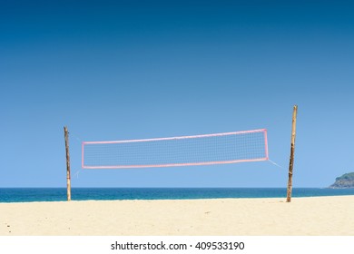 Volley Ball Beach Net With Blue Sky In Summer Day