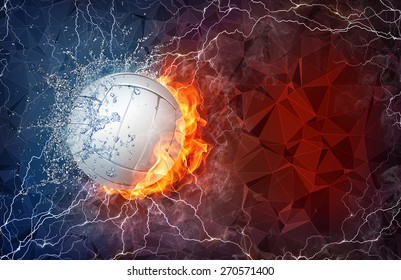 Volleyball ball on fire and water with lightening around on abstract polygonal background. Horizontal layout with text space. - Shutterstock ID 270571400