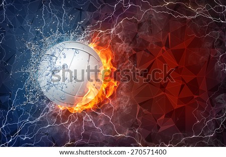 Volleyball ball on fire and water with lightening around on abstract polygonal background. Horizontal layout with text space.