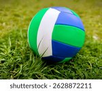 volleyball ball standing on the grass. Volleyball ball on greenery field in park. Colorful ball on the grass