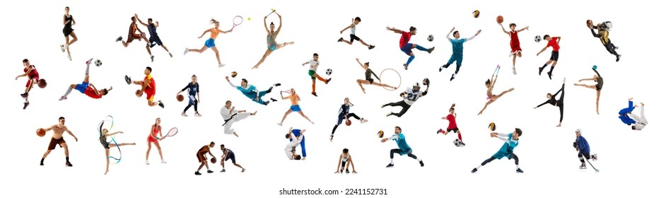 Volleyball, basletball, fooyball, tennis, mma. Mega collage of professional athletes isolated over white background. Concept of action, motion, sport life, motivation, competition. Copy space for ad.