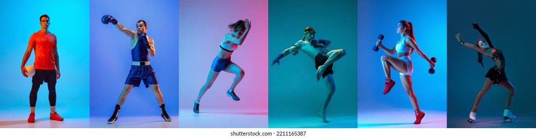 Volleyball, boxing, run, mma, fitness, figure skating. Collage of professional athletes isolated on colored background in neon. Concept of motion, action, active lifestyle, achievements, challenges. - Powered by Shutterstock