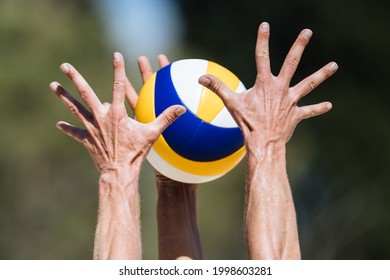 Volleyball Game. Beach Volleyball Action. Block.