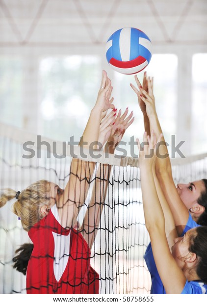 Volleyball Game Sport Group Young Beautiful Stock Photo 58758655 ...